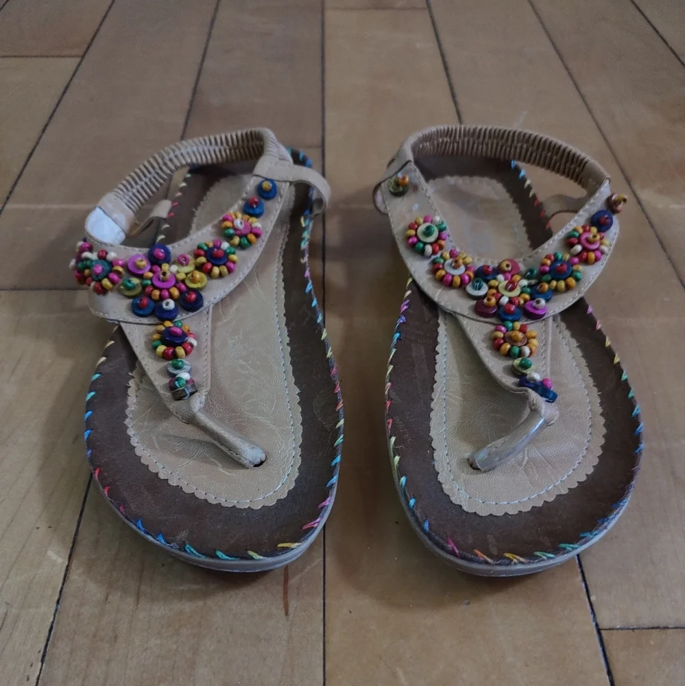 Women's Tan Wooden Beaded Thong Sandals